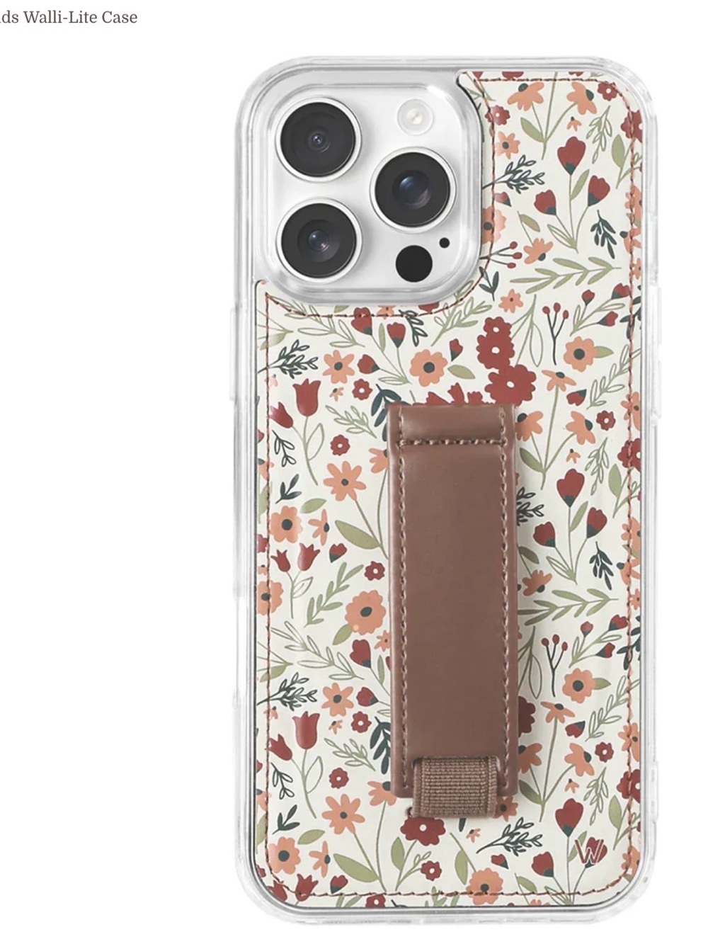 Floral Clear Phone Case with Brown Hand Strap - Cream Floral Accent